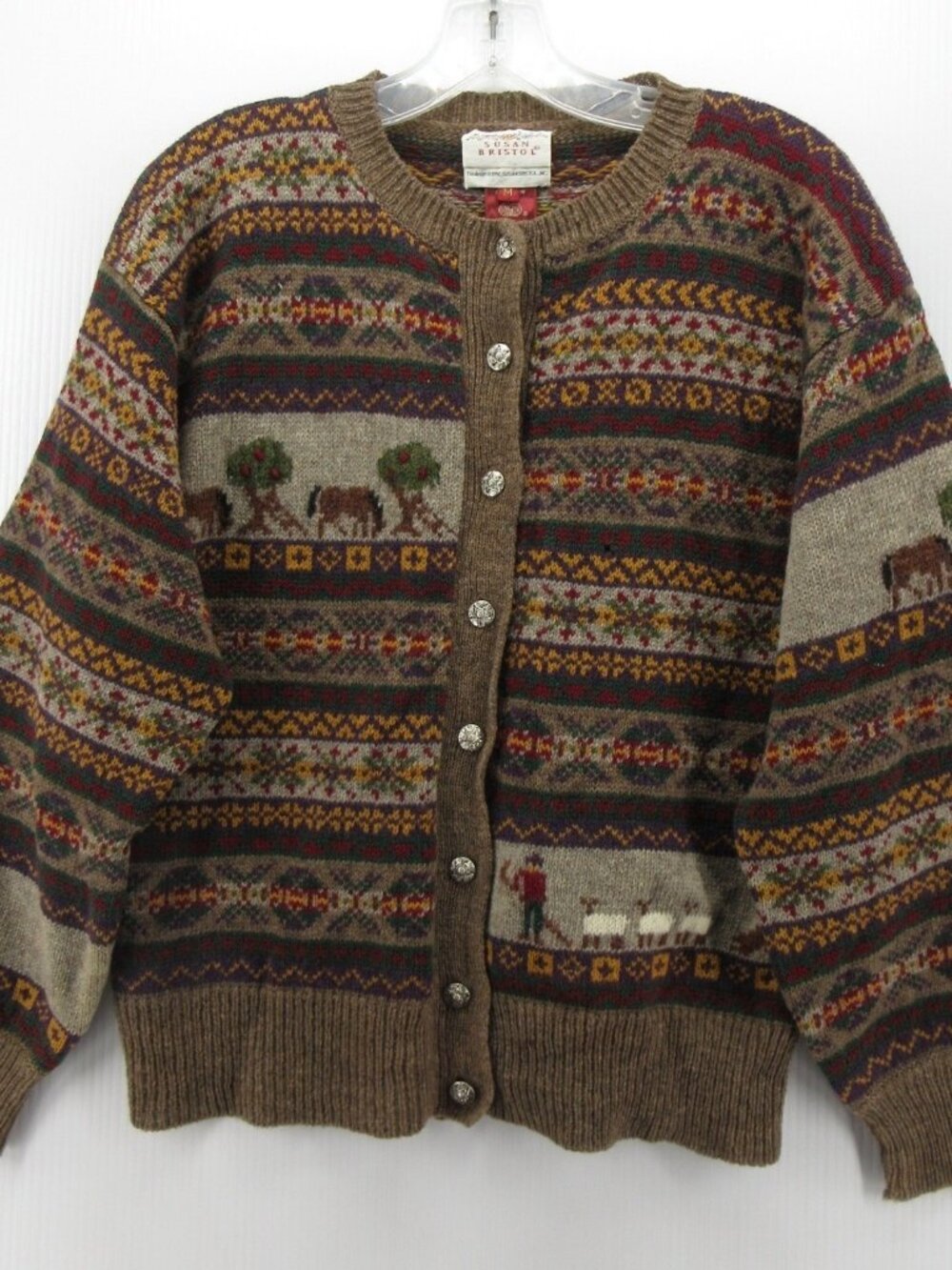 VTG Susan Bristol Sweater Medium Wool Cardigan Fair Isle Art 90s *